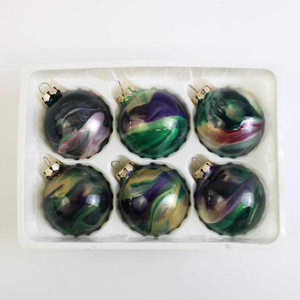 Lot Of 6 Handmade Glass Ball Hanging Christmas Ornaments Dark Green/Dark Purple