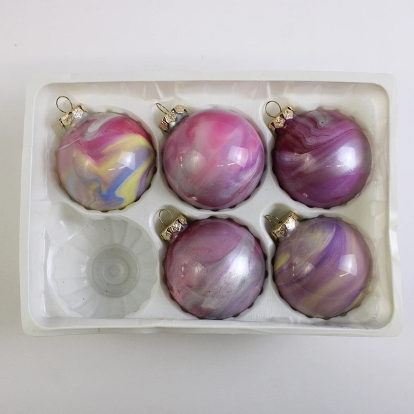 Lot Of 5 Handmade Glass Ball Hanging Christmas Ornaments Pink/Purple/Silver