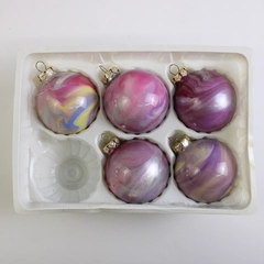 Lot Of 5 Handmade Glass Ball Hanging Christmas Ornaments Pink/Purple/Silver
