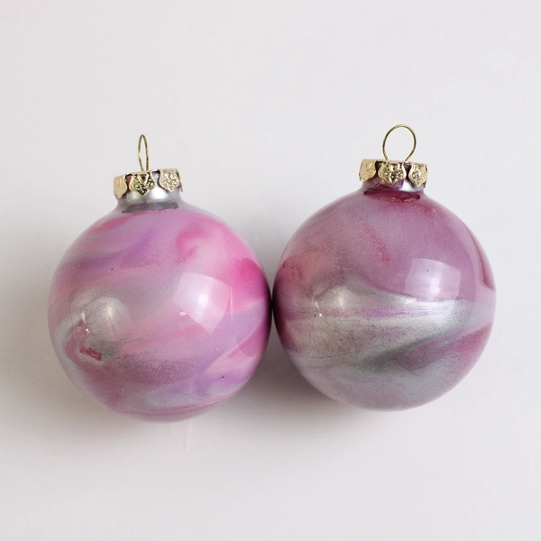 Lot Of 5 Handmade Glass Ball Hanging Christmas Ornaments Pink/Purple/Silver