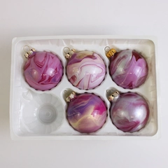 Lot Of 5 Handmade Glass Ball Hanging Christmas Ornaments Pink/White/Silver