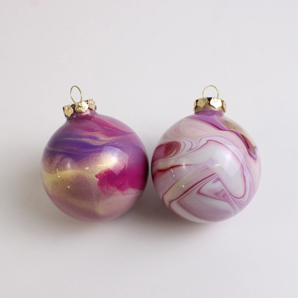 Lot Of 5 Handmade Glass Ball Hanging Christmas Ornaments Pink/White/Silver