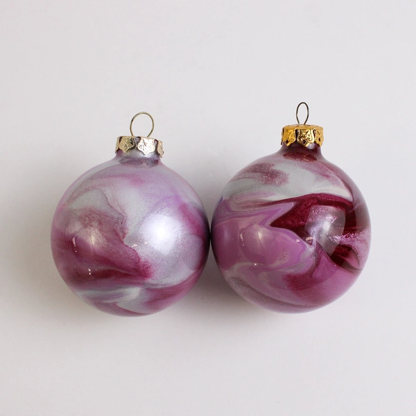 Lot Of 5 Handmade Glass Ball Hanging Christmas Ornaments Pink/White/Silver