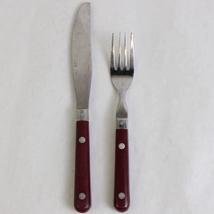 Lot of 2 WF MardiGras Stainless Korea Mixed Flatware Fork Knife Burgundy Handle