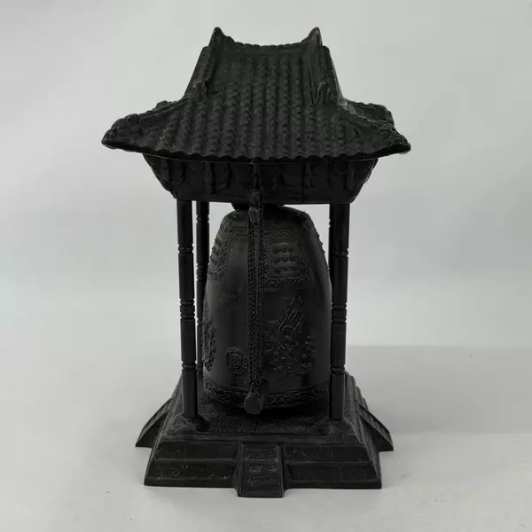 Vintage Oriental Wrought Iron Pagoda Temple Prayer Gong Bell With Hammer