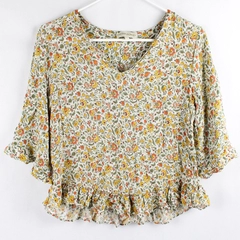 Cynthia Rowley Yellow Orange Green Floral Pattern Half-Sleeve Top Women's Small