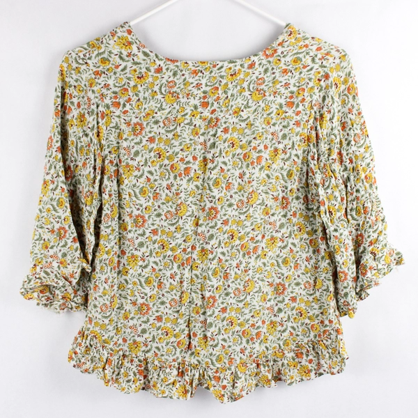 Cynthia Rowley Yellow Orange Green Floral Pattern Half-Sleeve Top Women's Small