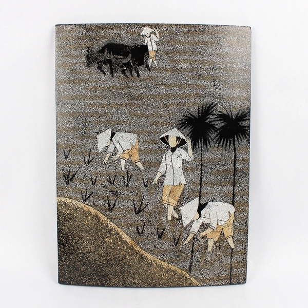 Vietnamese Wood Black Lacquer Eggshell Hanging Wall Decoration 11.5" x 15.25"