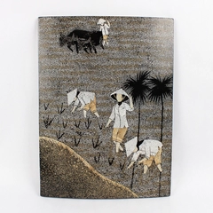 Vietnamese Wood Black Lacquer Eggshell Hanging Wall Decoration 11.5" x 15.25"