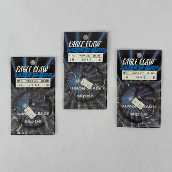 Lot of 3 Vintage Eagle Claw Lazer Sharp Salmon Slip Tie Hooks 3/0-4/0