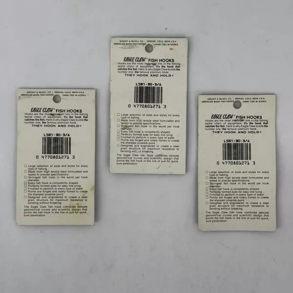 Lot of 3 Vintage Eagle Claw Lazer Sharp Salmon Slip Tie Hooks 3/0-4/0