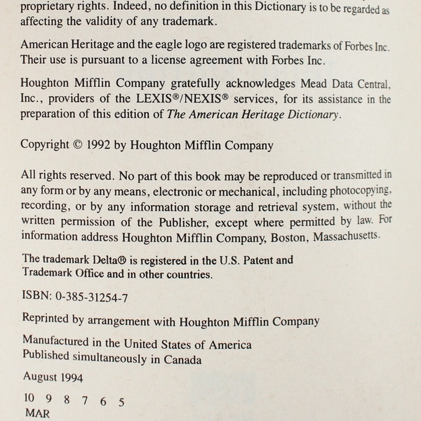 The American Heritage Dictionary by Houghton Mifflin Company 1992 Paperback