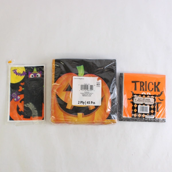 Lot Of 3 Halloween Jack-O-Lantern Beverage & Lunch Paper Napkins & Treat Bags