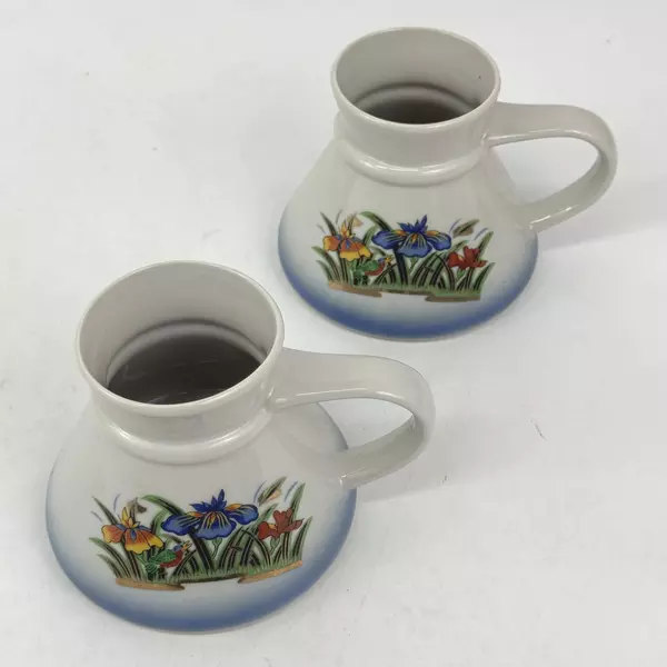 Lot of 2 Ceramic Travel Coffee or Tea Mugs With Wide Bases And Irises