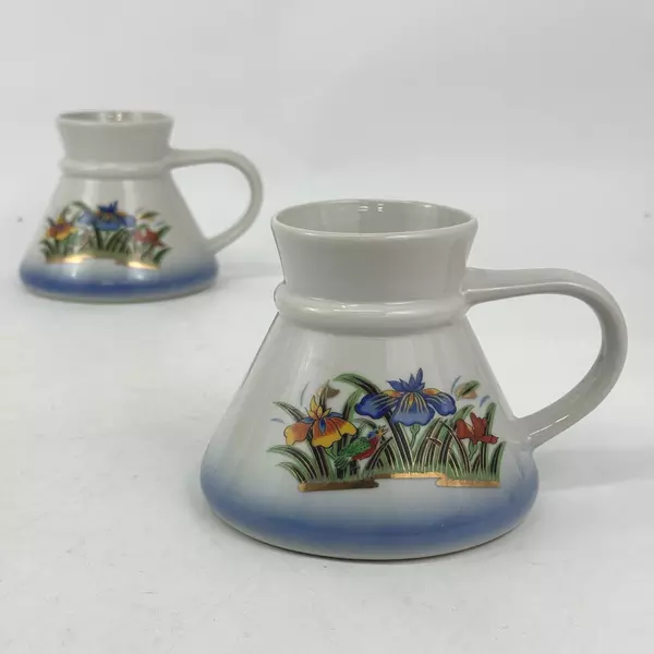 Lot of 2 Ceramic Travel Coffee or Tea Mugs With Wide Bases And Irises