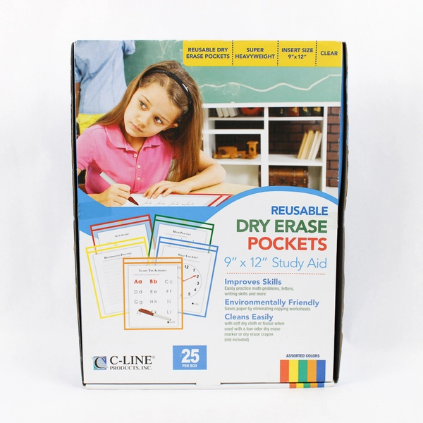 C-Line 40620 Reusable Dry Erase Pockets Assorted Primary Colors 15 Count