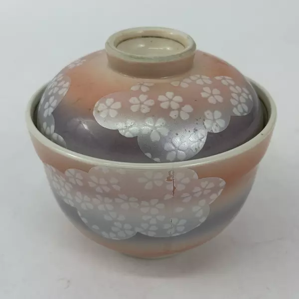 Pink Lavender And White Ceramic Asian Rice or Noodle Bowl And Lid Floral Pattern