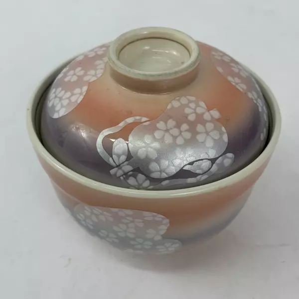 Pink Lavender And White Ceramic Asian Rice or Noodle Bowl And Lid Floral Pattern