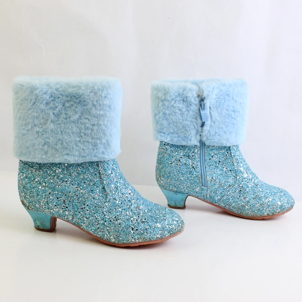 Unbranded Light Blue Shiny Sequin Faux Fur Trim Heel 1" Booties Girls Size 6.7