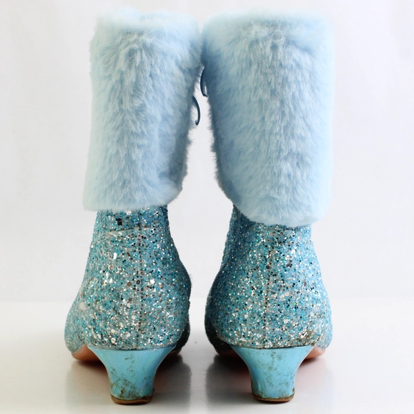 Unbranded Light Blue Shiny Sequin Faux Fur Trim Heel 1" Booties Girls Size 6.7