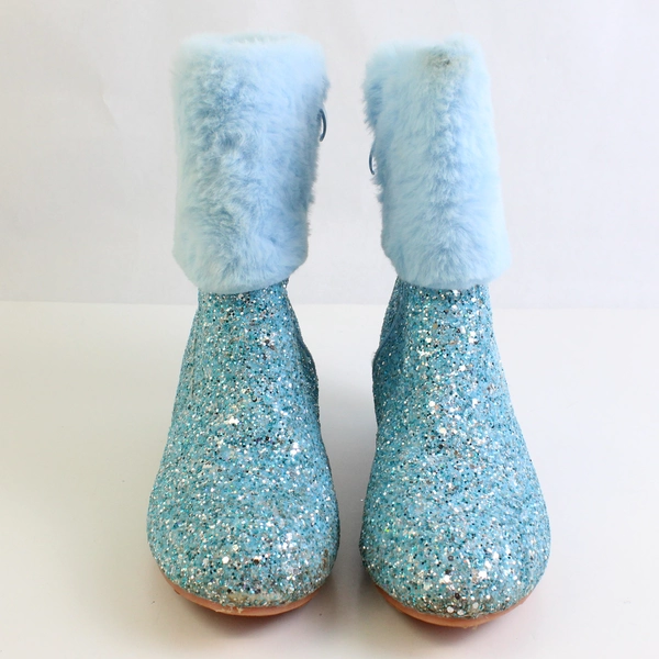 Unbranded Light Blue Shiny Sequin Faux Fur Trim Heel 1" Booties Girls Size 6.7