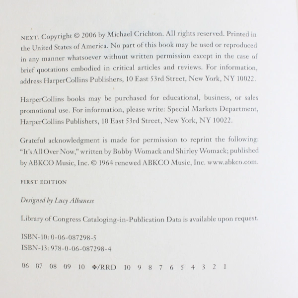 Next by Michael Crichton, 2006, Harper Collins, Hardcover Book