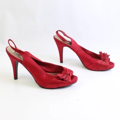 Fioni Night Red Satin Slingback 4" Heel Peep Toe Bow Womens Size 10