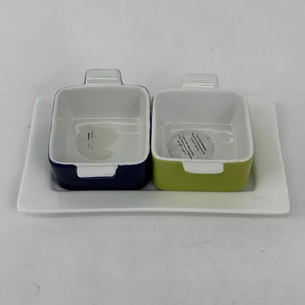  2 Pier 1 Square Mini Baking Dishes Or Ramekins With Tray Green And Blue NWT