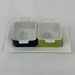  2 Pier 1 Square Mini Baking Dishes Or Ramekins With Tray Green And Blue NWT