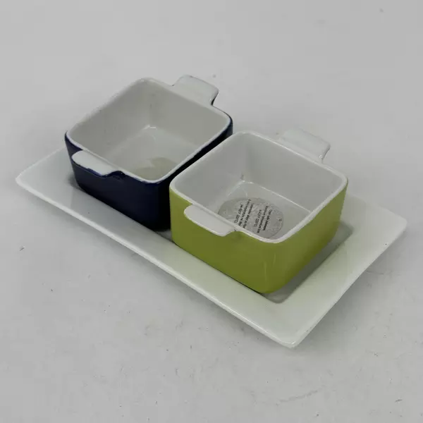  2 Pier 1 Square Mini Baking Dishes Or Ramekins With Tray Green And Blue NWT