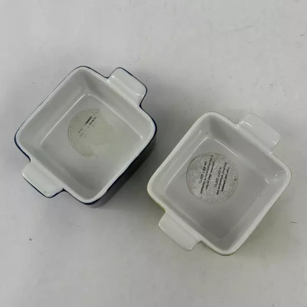  2 Pier 1 Square Mini Baking Dishes Or Ramekins With Tray Green And Blue NWT