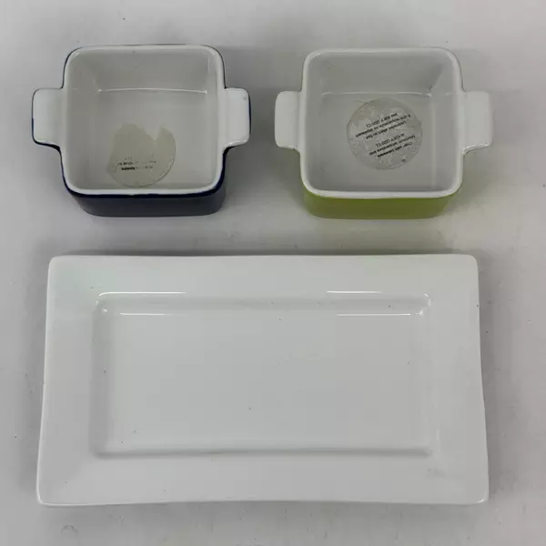  2 Pier 1 Square Mini Baking Dishes Or Ramekins With Tray Green And Blue NWT