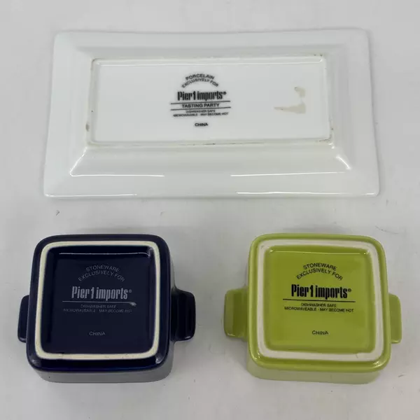  2 Pier 1 Square Mini Baking Dishes Or Ramekins With Tray Green And Blue NWT