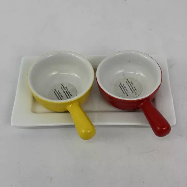  Set of 2 Pier 1 Round Mini Baking Dishes Or Ramekins With Tray Red Yellow White