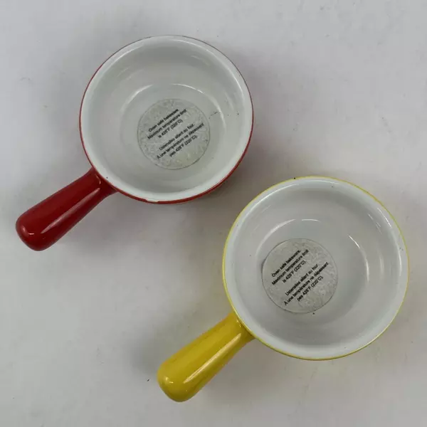  Set of 2 Pier 1 Round Mini Baking Dishes Or Ramekins With Tray Red Yellow White