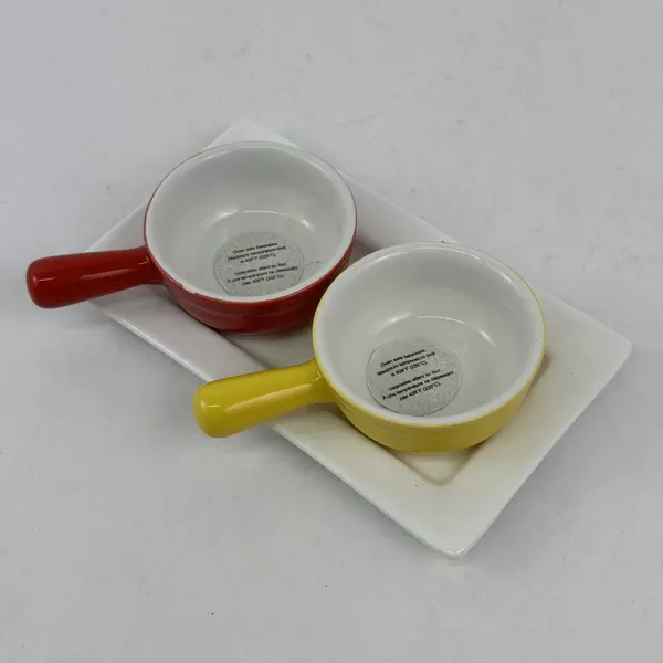  Set of 2 Pier 1 Round Mini Baking Dishes Or Ramekins With Tray Red Yellow White