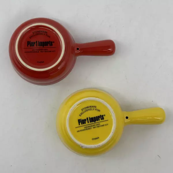  Set of 2 Pier 1 Round Mini Baking Dishes Or Ramekins With Tray Red Yellow White