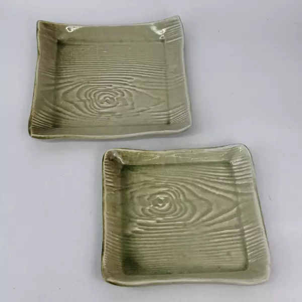 2 Handmade Green Ceramic Square Trays Wood Texture 9.5 And 10.5 Inch Signed