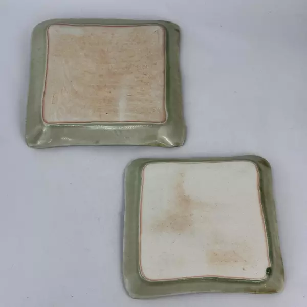 2 Handmade Green Ceramic Square Trays Wood Texture 9.5 And 10.5 Inch Signed