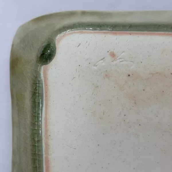 2 Handmade Green Ceramic Square Trays Wood Texture 9.5 And 10.5 Inch Signed