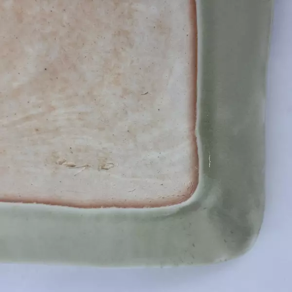 2 Handmade Green Ceramic Square Trays Wood Texture 9.5 And 10.5 Inch Signed