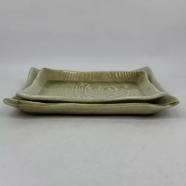 2 Handmade Green Ceramic Square Trays Wood Texture 9.5 And 10.5 Inch Signed