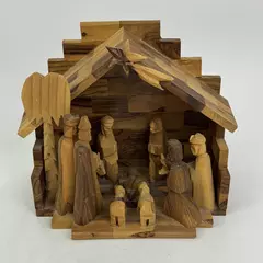 Hand Carved Mosaic Olive Wood Nativity From Israeli Occupied West Bank Palestine