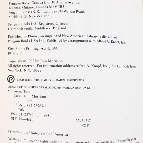 Jazz Paperback By Toni Morrison 1993 Penguin Books
