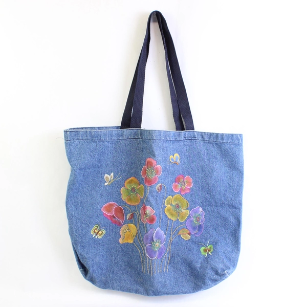 Hand-Painted Embroidered Floral and Butterfly Design Denim Tote Bag