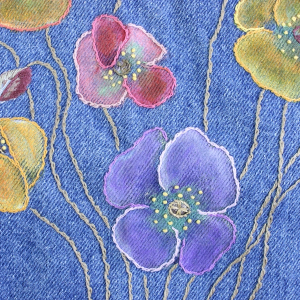 Hand-Painted Embroidered Floral and Butterfly Design Denim Tote Bag