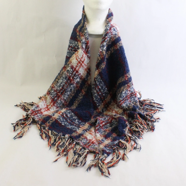 Blue and Orange Plaid Knit Triangular Shawl with Fringe 28" x 65"
