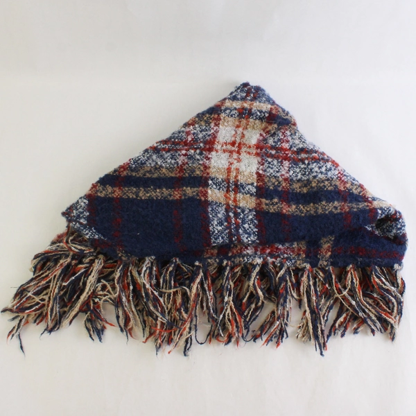 Blue and Orange Plaid Knit Triangular Shawl with Fringe 28" x 65"