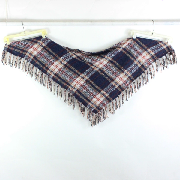 Blue and Orange Plaid Knit Triangular Shawl with Fringe 28" x 65"