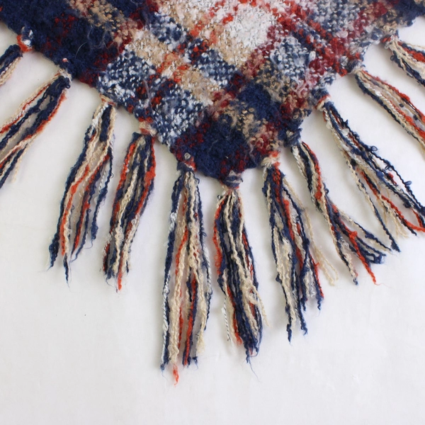 Blue and Orange Plaid Knit Triangular Shawl with Fringe 28" x 65"